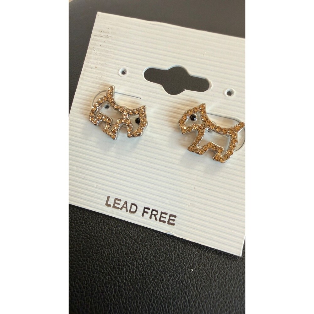 Scottie Dog Rhinestone Stud Earrings Champagne Gold Tone